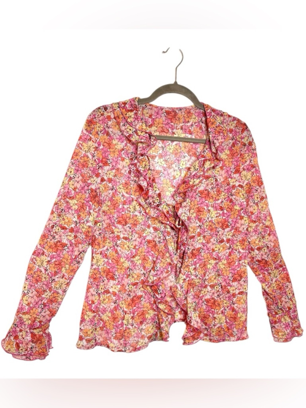 JM Collection Pink Orange Floral Sheer Ruffle Topper Blouse Medium